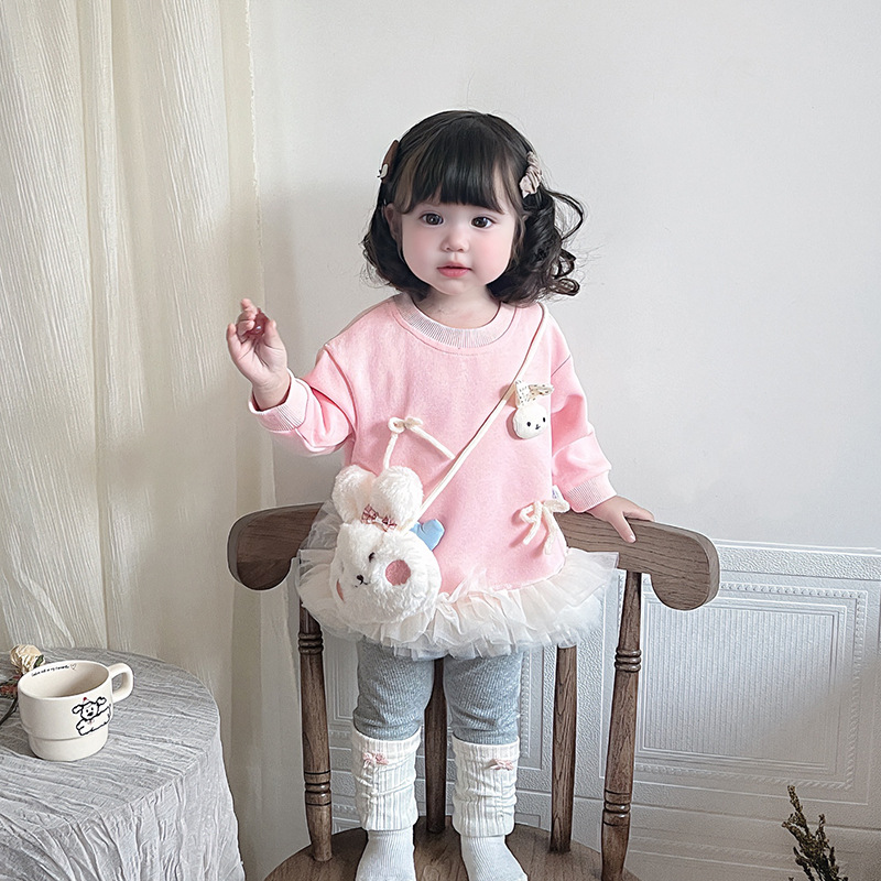 2025春季新款女童两件套爱心蝴蝶结网纱拼接卫衣裙打底裤5125