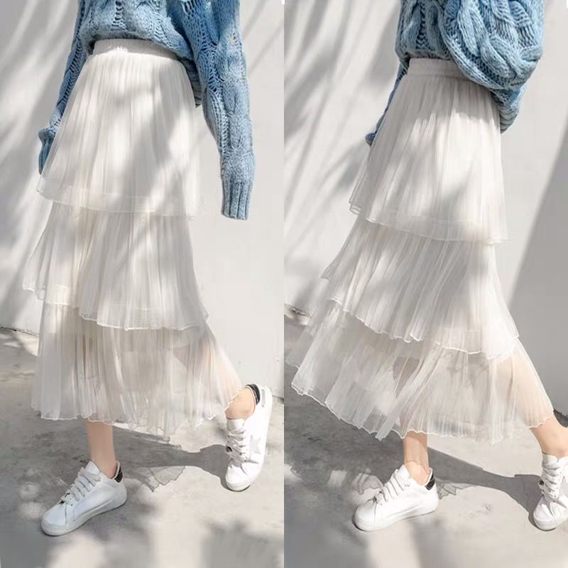 2020 Spring and Summer New Style Cake Skirt, Pleated Skirt, Gauze Skirt, Women's Mid-Length Mesh Skirt, Long Skirt, Thin Style