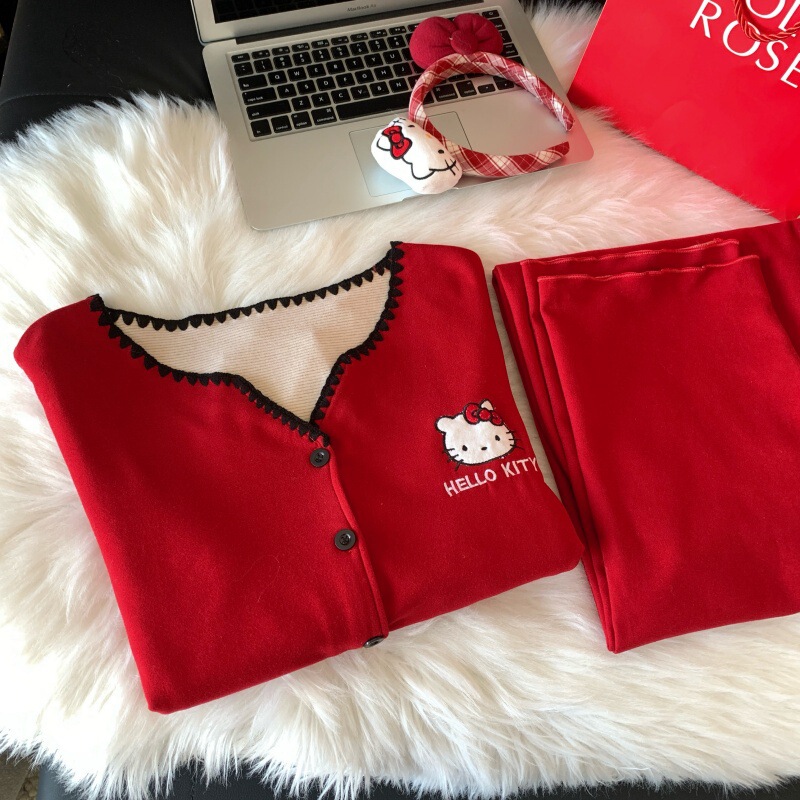 Cartoon Red Kt Cat Pajamas for Women 2026 Autumn and Winter New Style High-End Warm Cashmere Cardigan Home Wear Set Cartoon Red Kt Cat Pajamas for Women 2026 Autumn and Winter New Style High-End Warm Cashmere Cardigan Home Wear Set