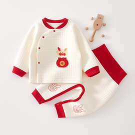 婴儿衣服秋冬新款夹棉分体套装喜庆女红色保暖宝宝冬装纯棉新年男