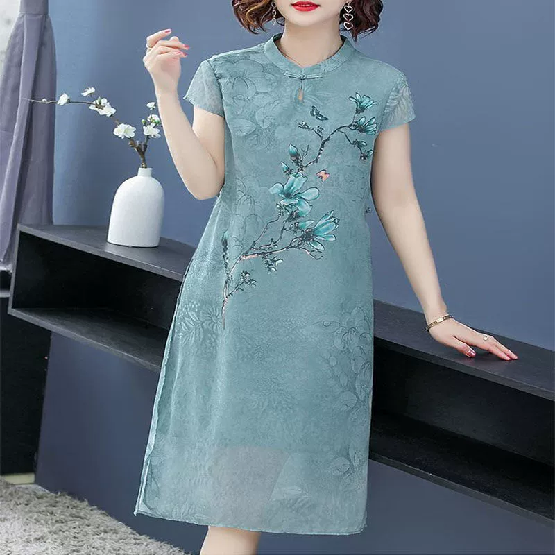 Платье больших размеров в этническом стиле, улучшенная версия Cheongsam, летняя шифоновая юбка в молодом стиле для мам среднего и пожилого возраста