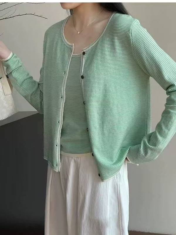 针织衫条纹长袖韩系圆领两件套女早秋温柔简约背心吊带套装针织衫|undefined