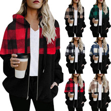 亚马逊2022秋冬跨境格纹拼色毛绒连帽卫衣 拉链外套