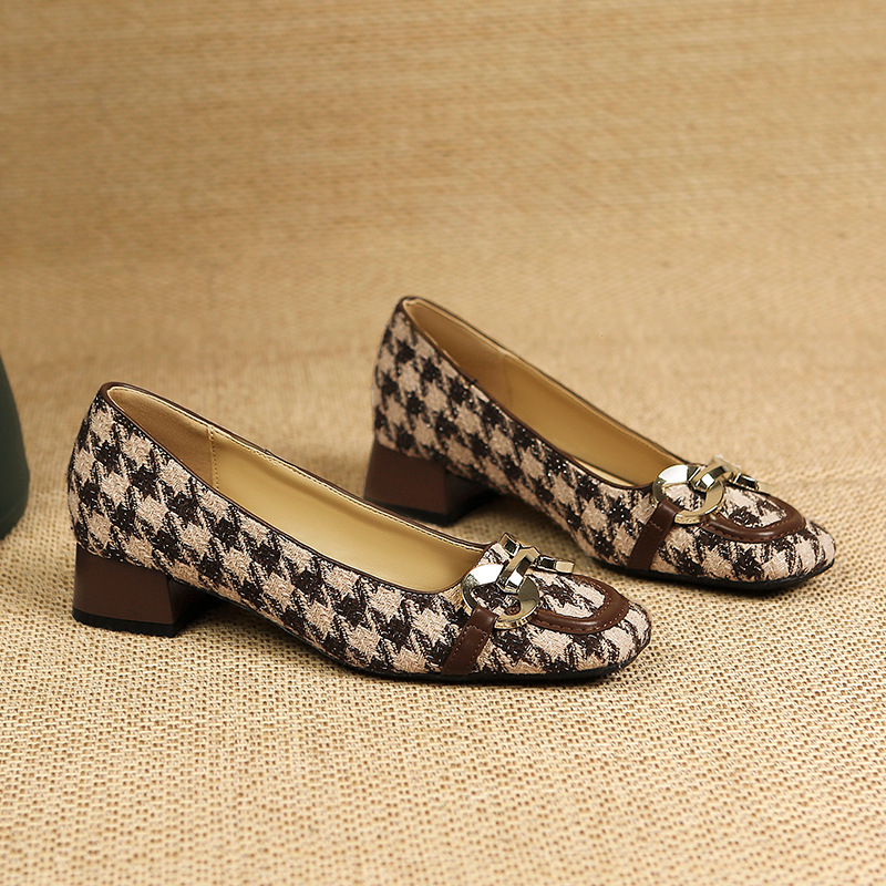 Houndstooth Square Toe Casual Single Shoes Women Summer New Metal Chain Low Heel Shallow Mouth S Soft Bottom Slip On_voghion.com