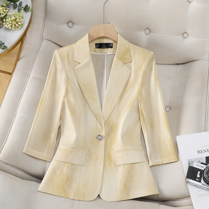 Yellow Blazer for Women, Summer Thin Style, 2026 New Model, Elegant Three-Quarter Sleeve Casual Suit, Petite Dress Yellow Blazer for Women, Summer Thin Style, 2026 New Model, Elegant Three-Quarter Sleeve Casual Suit, Petite Dress