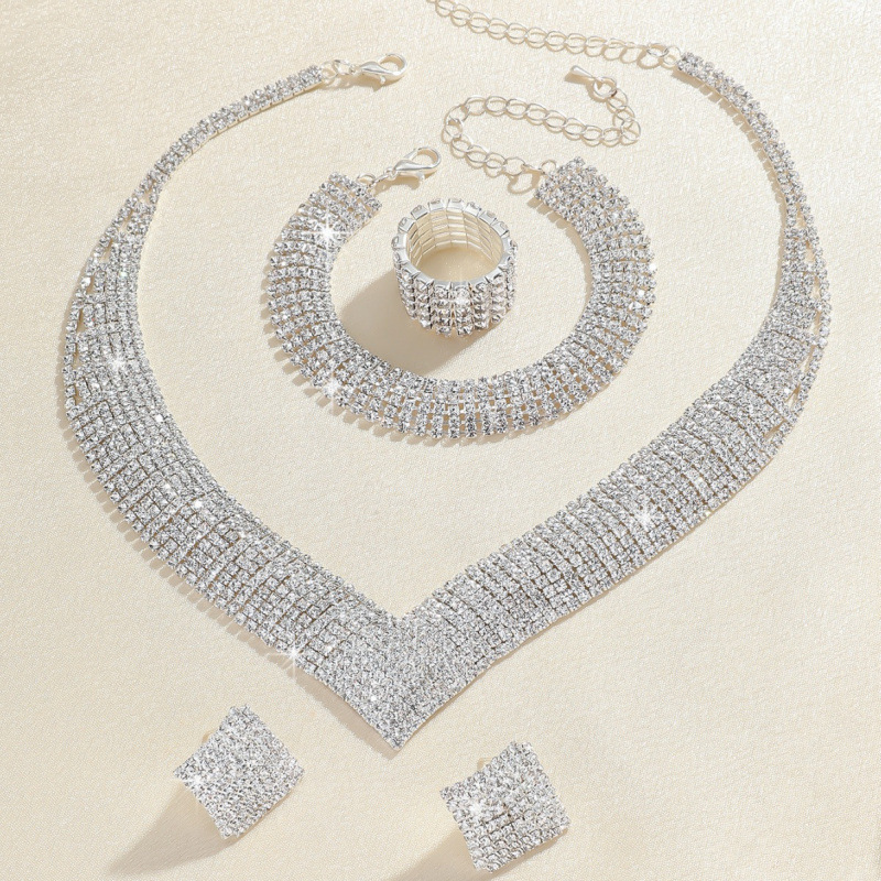 Fashionable popular atmospheric rhinestone silver plated bridal jewelry necklace bracelet elastic ring suit dress_voghion.com
