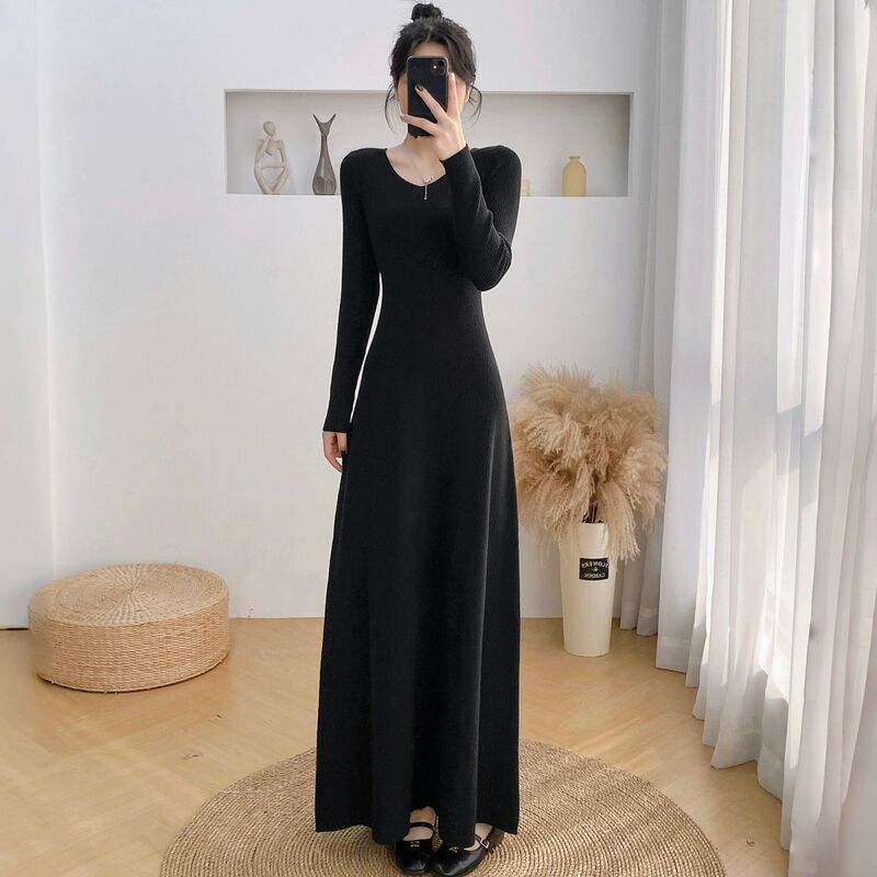 Tall and Extra-Long French Style Ankle-Length Knitted Dress with Coat and Long Sleeves for Women