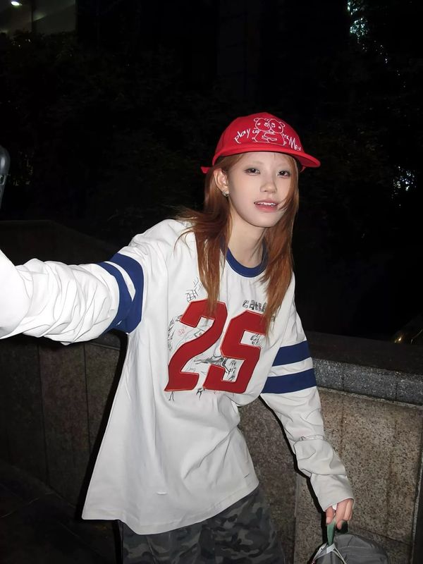 美式复古长袖t恤女早秋新款刺绣撞色拼接圆领宽松情侣上衣百搭潮|undefined