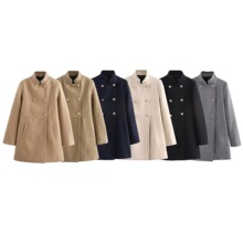 外贸秋冬新品女装金色纽扣饰羊毛混纺双排扣立领大衣外套 9037141