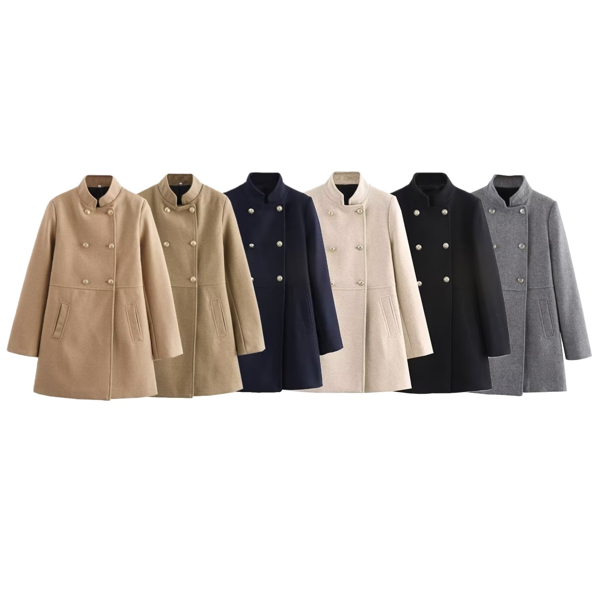 外贸秋冬新品女装金色纽扣饰羊毛混纺双排扣立领大衣外套 9037141