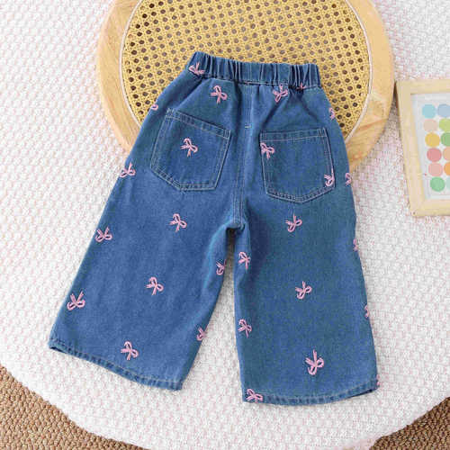 Spring and Autumn Women's Children's Blue Fashion Casual Korean Style Wide Leg Embroidered Pink Butterfly Denim Jeans