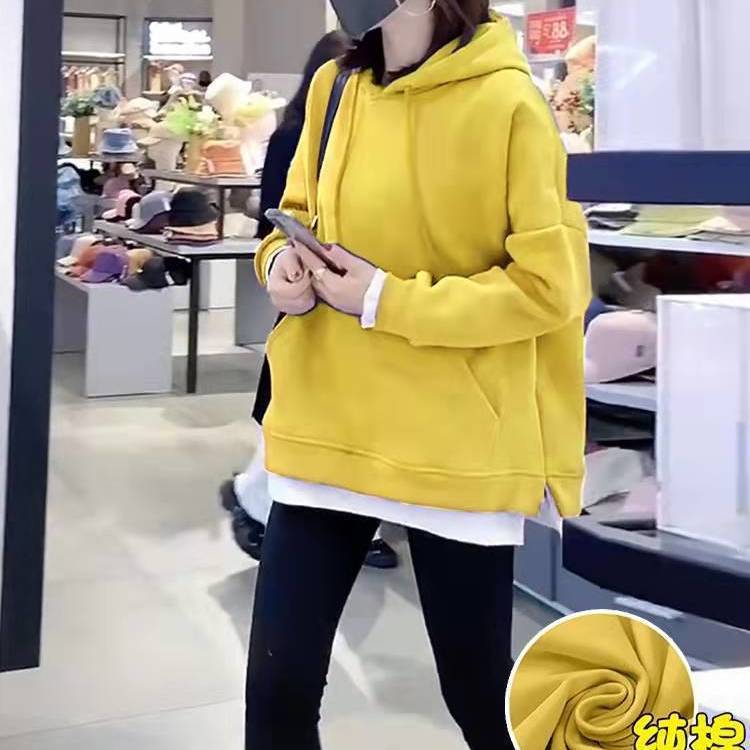 卫衣女秋冬季宽松连帽中长款大码显瘦新款加绒加厚假两件上衣减龄|undefined