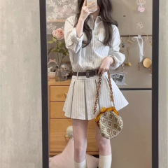法式纯欲长袖条纹衬衫连衣裙子女秋季设计感小众收腰显瘦百褶短裙