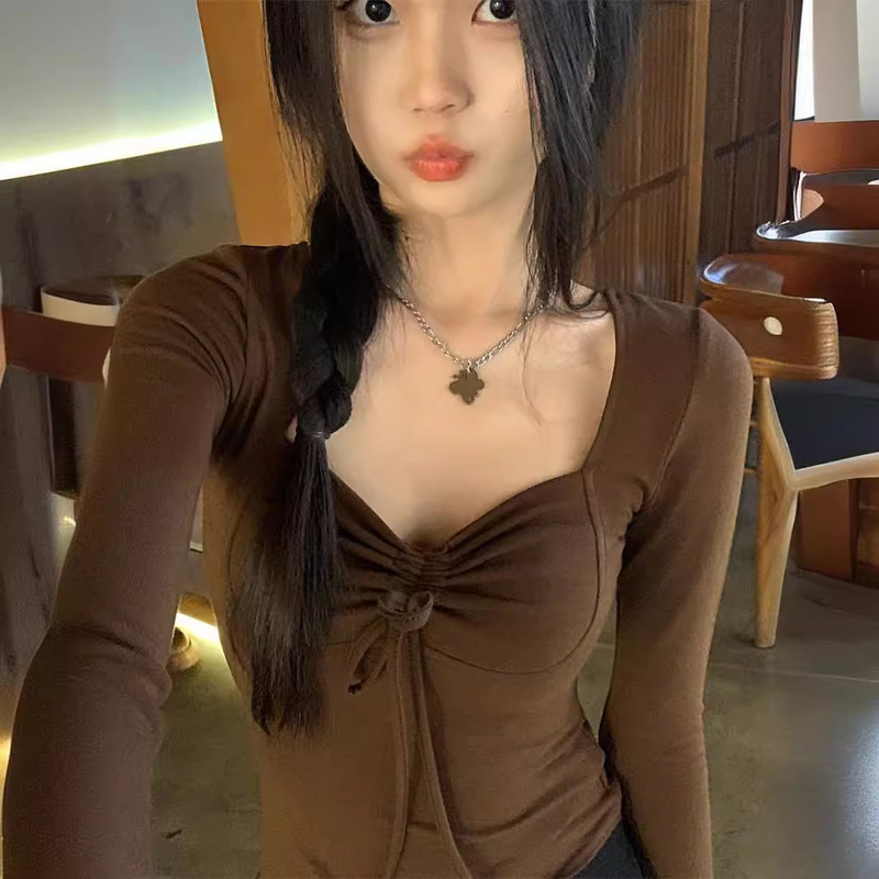 De Velvet Design Pleated Lace-up Long-sleeved T-shirt Women's Early Autumn New Pure Desire Spice Girl's Slim-fit Slim-fit Short Top