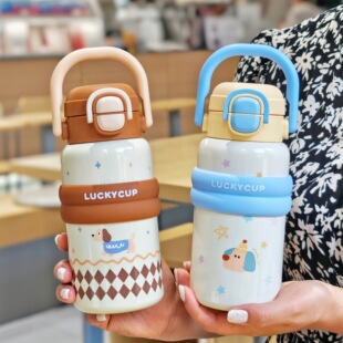 Cartoon Pop-Up Double-Drink Thermos Cup, Portable Vacuum Water Cup with Straw, Dual-Use Water Cup, Cute Student Cup