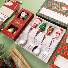 クロスボーダークリスマススプーンクリエイティブ食器人形デザートスプーンとフォーク漫画クリスマスツリースプーンフォークギフトボックスセット