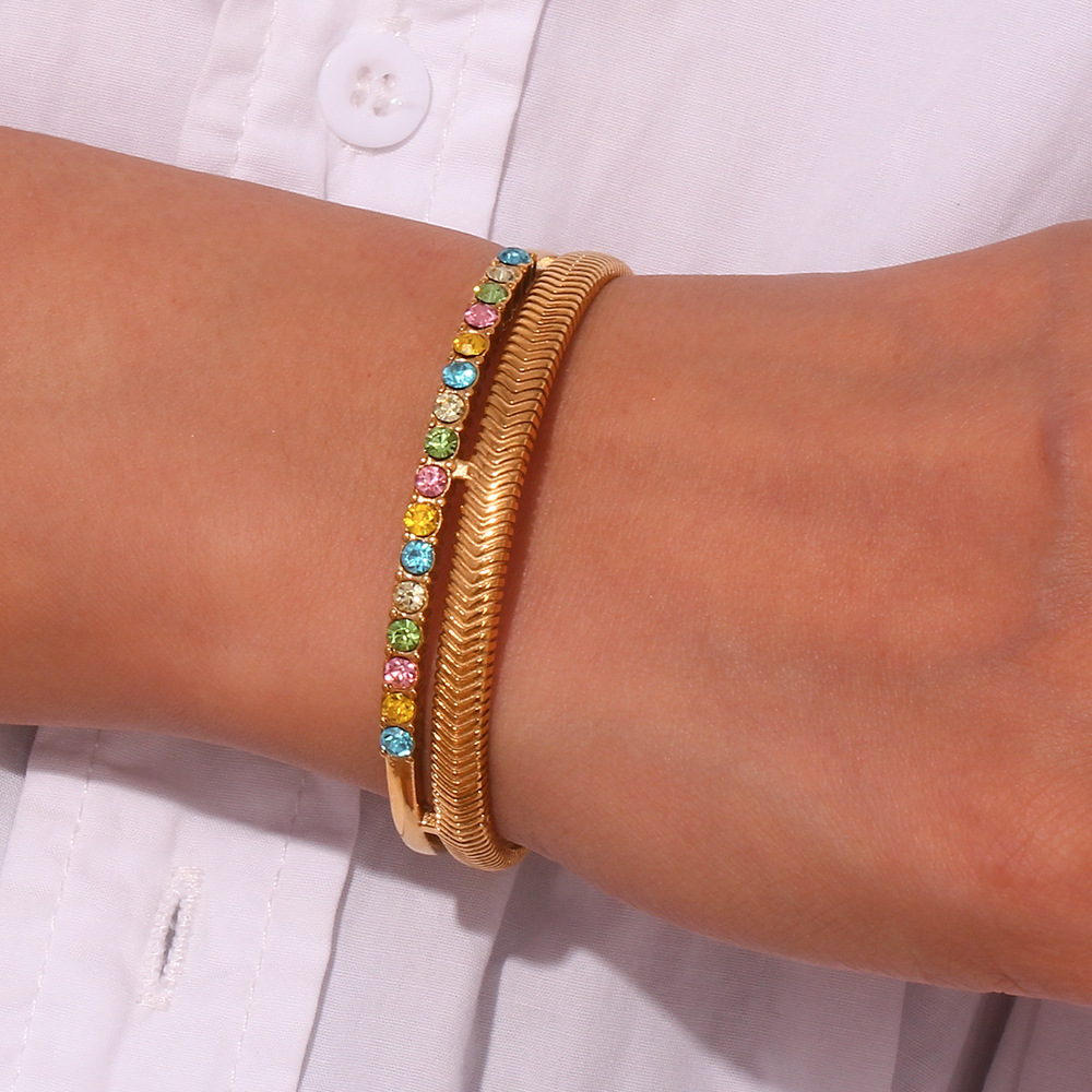 Model Show Zircon Inlaid Double Fishbone Open Stainless Steel Bracelet