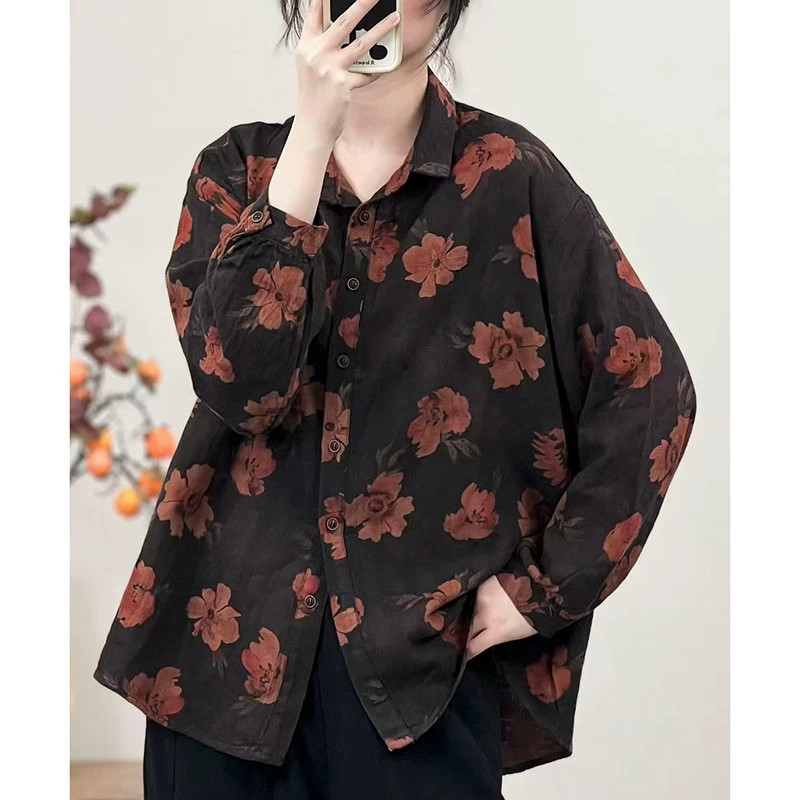 2025 Новый лацканный воротник с длинными рукавами рубашка с ретро принтом хлопок льна свободная версия повседневная рубашка женщина