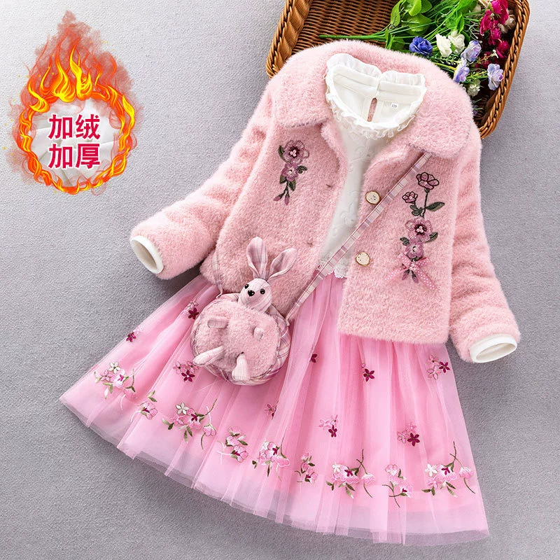 Demi-season warm dress, skirt, set, velvet children's down jacket, small princess costume, children's clothing