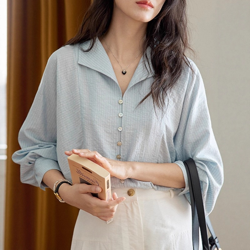 Morirose Blue and Green Stripesd Lapel-Breasted Long-Sleeved Shirt for Women Autum French Retro Elegant Work Clothing Top