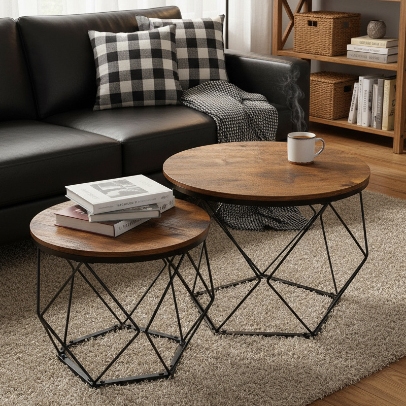 Nordic Retro Round Coffee Table Wood Internet Celebrity Iron Art Creative Modern Small Apartment Simple Home Living Room Bedroom Table