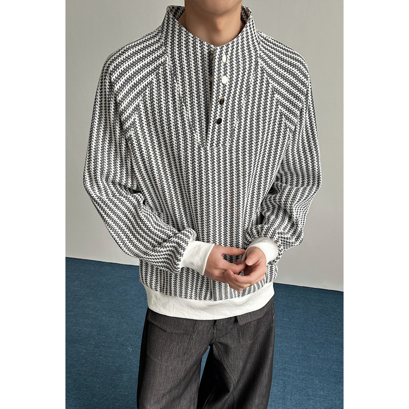 Fishbone Stripe Color-blocked -style Sweatshirt For Men And Women, Autumn High-end Design, Buttoned Henley Collar_voghion.com