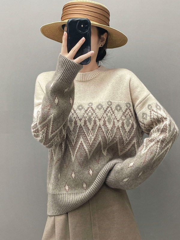 费尔岛圆领山羊绒女针织复古提花毛衣秋冬宽松显瘦羊毛针织衫上衣|undefined