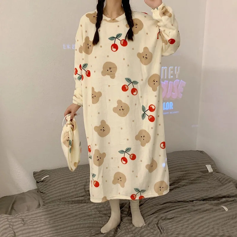 Otoño y invierno pijamas de mujer con bolsas de tela pijamas de franela caliente cuello redondo dulce camisa de coral ropa para el hogar