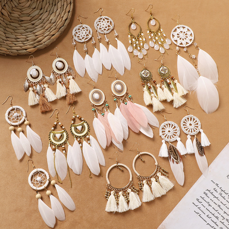 ethnic style bohemian feather earrings white long style european and american retro personalized tassel female holiday trip shoot earrings
