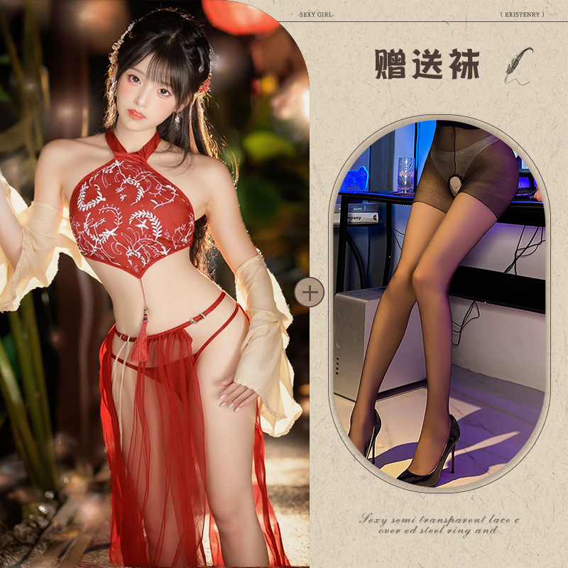 사진색상 [복대+소매와 숄+스플릿 거즈 스커트+T바지] + 블랙 가랑이 없는 양말