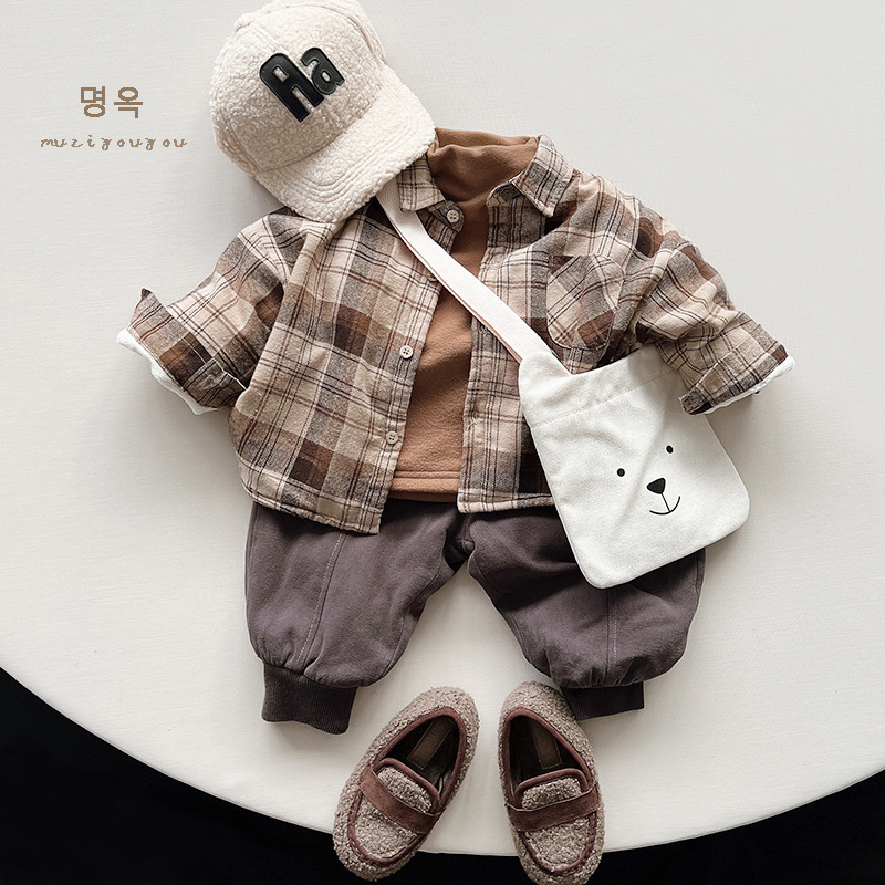 Internet estilo de celebridad ~ los niños camisa de tela escocesa forrado 2023 invierno nuevos niños y niñas estilo coreano retro camisa a cuadros