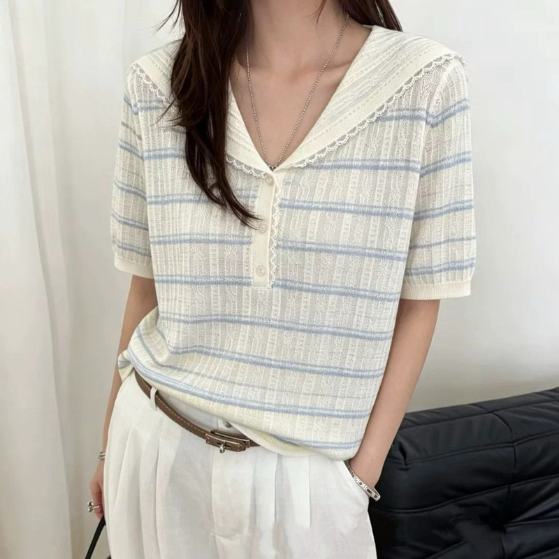 2026 Summer New Style Navy Collar Knitted Cardigan for Women, Loose Fit, Slimming, Versatile, Short-Sleeve, Stylish Striped Korean-Style Top