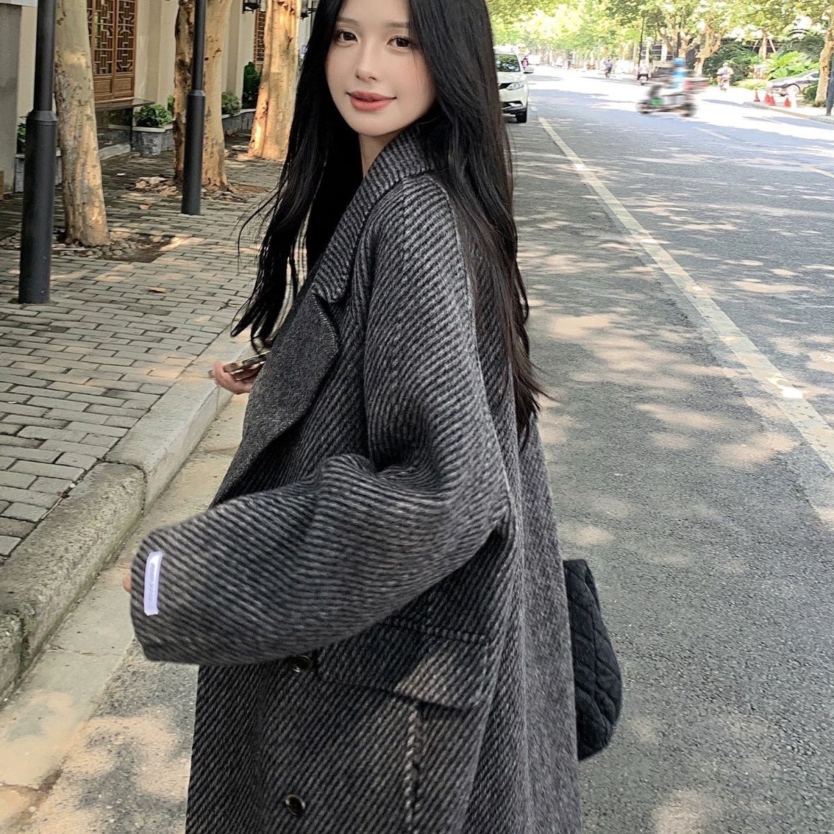Twill Suit Double-Sided Cashmere Outwear for Women Hepburn Style Wool High-End Herringbone Autumn and Winter Loose Woolen Outwear