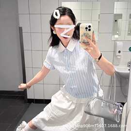 韩系甜美拼色 POLO 领条纹长袖衬衫 2025 秋季新款正肩宽松显瘦百