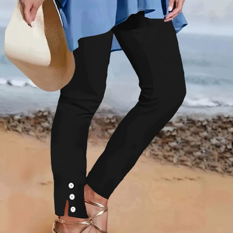 2026 New European and American Style Women's Fashion Solid Color Capri Pants with Button Details