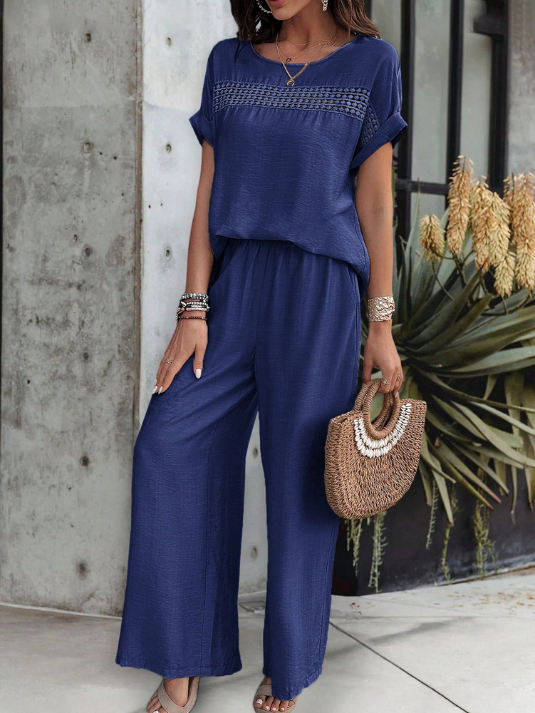 455g Weight Half Sleeve, Half Sleeve Sleeve Length Spandex, Polyester Fabric Type Low Waist Waist Line Short Top Length Pant Co-ord Set, Pant Co-ord Set Sets Type 2 Pieces Set Quantity Casual, Daily Occasion Round Neck, Round Neck Neckline Loose, Loose Fit Type Stripe, Solid Color Pattern Summer, Spring, Autumn Season Women's Gender Hollow Out Design Streetwear, Streetwear Style Apricot Color KaiKuO Women's Fashion Independent Station 2024 Spring Summer Export Casual Fashion Solid Color Short Sleeve Long Pants Hollow Out Set 19