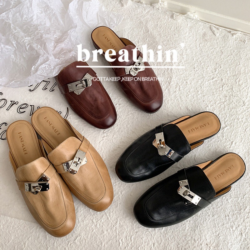 Soft Bottom Outlet ~ Washed Cowhide Slippers Women's Summer Wear Metal Buckle Half Slippers Flat Mueller Shoes Sandals