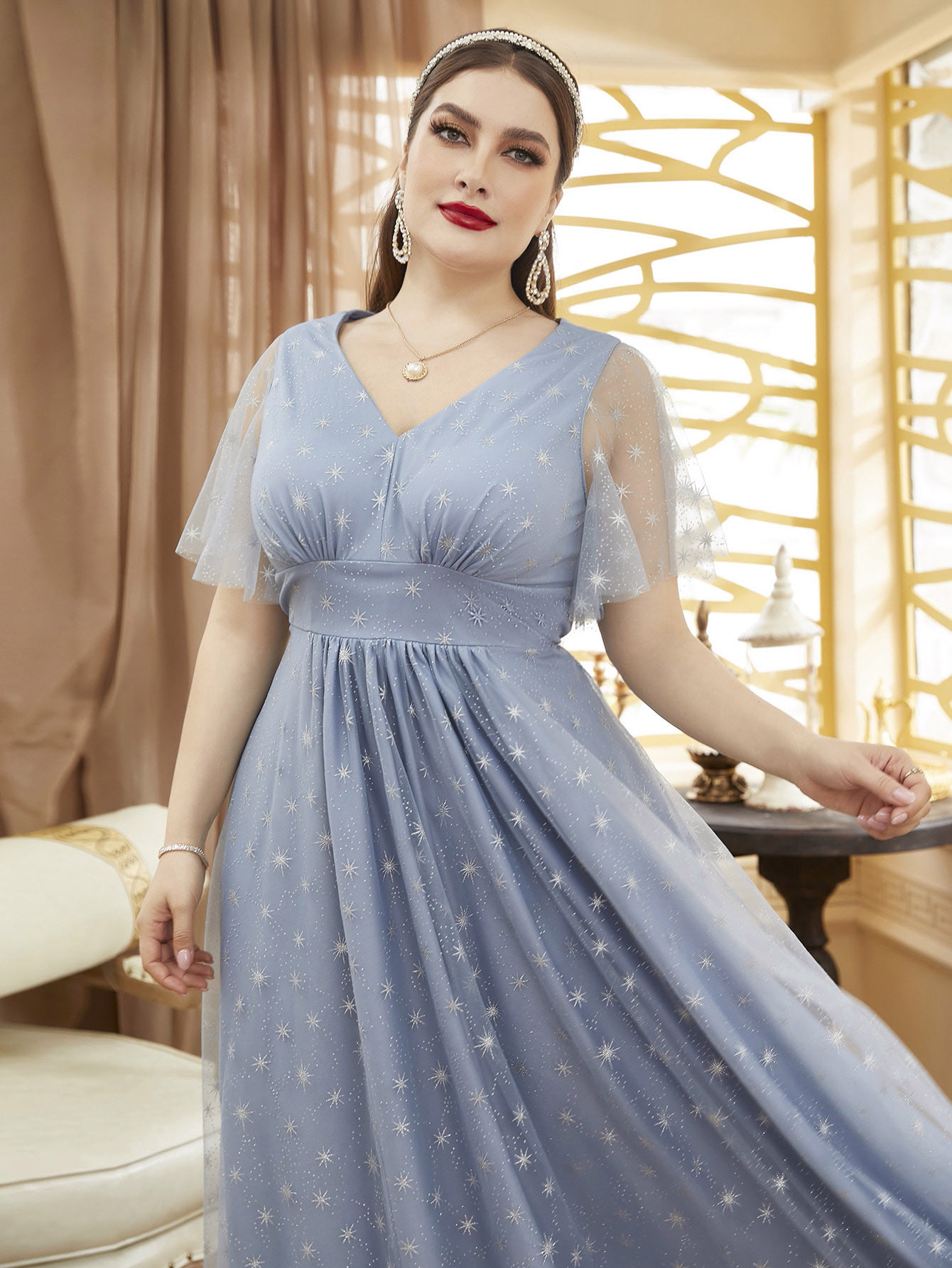 21988 comercio exterior venta caliente niebla azul estrella grande vestido de noche mujer V-collar elegante camisa de red image 3