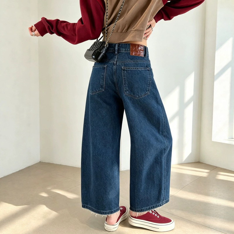 High-waisted raw hem cropped jeans for women, autumn dark blue, loose fit, versatile balloon pants, available for wholesale and dropshipping