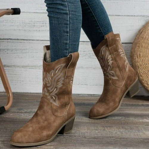Women's Boots 2025 Autumn/Winter V-mouth Embroidered Sleeveless Riding Boots with Thick Heels Retro Mid-calf Pointed Toe Western Cowboy Boots