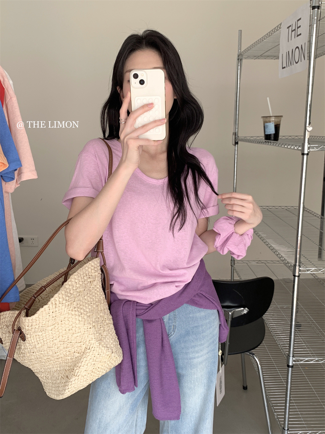 Liquidación, sin devoluciones ni cambios, camiseta de manga corta con cuello en U, estilo básico de té verde limón, estilo coreano simple de verano 2025, para mujer, con lazo para el pelo. image 8