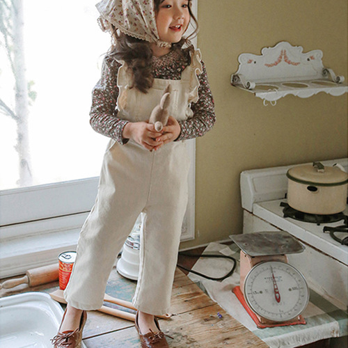 2024 Spring Strawberry Shan Korean Children's Clothing Children's Girls Lotus Shoulder Denim Jumpsuit