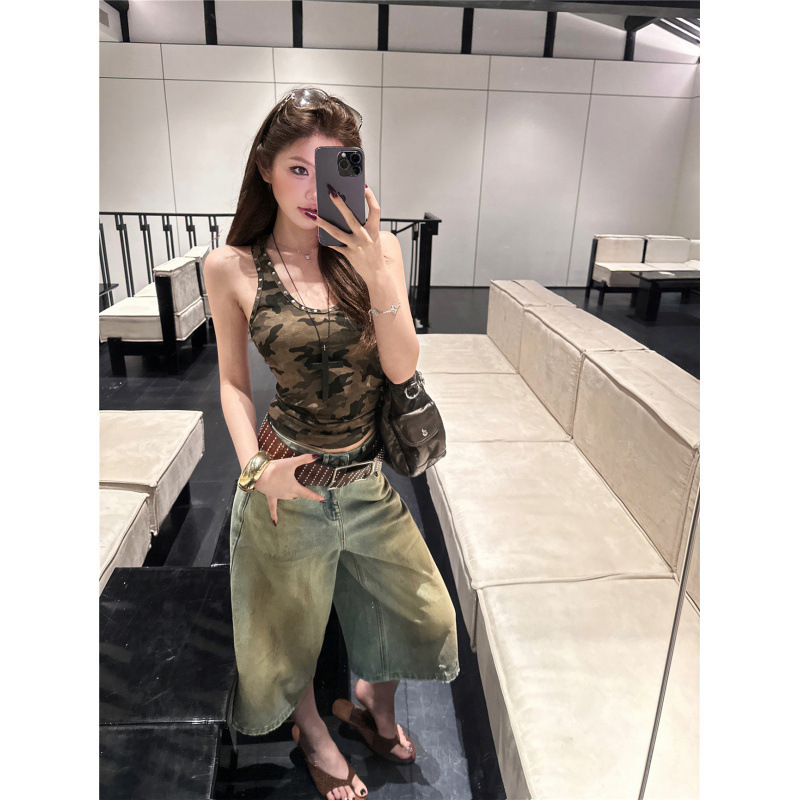 Trendy~Metal Rivet Camouflage Camisole Crop Top for Women, American-Style Loose Washed Denim Shorts