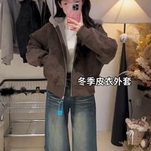 美式雾面扎染短款连帽加绒皮衣棉衣女秋冬季加绒加厚外套潮流棉服