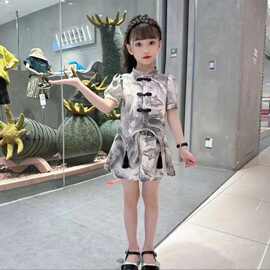 国潮风时髦短袖套装夏款洋气中大童装女孩水墨画汉服两件套女童装