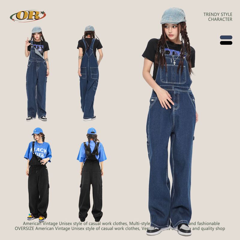OREETA Autumn American Fashion Brand Overalls Men's Denim Overalls Women's Loose Denim Pants