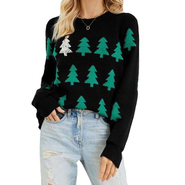 Women's Clothing tree jacquard Christmas sweater casual pullover sweater_voghion.com