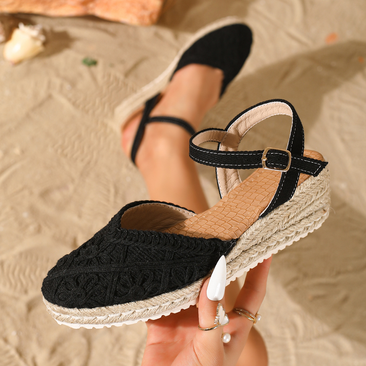 Sandalias de Cuña con Suela de Cáñamo en Lino con Cierre de Hebilla image 12