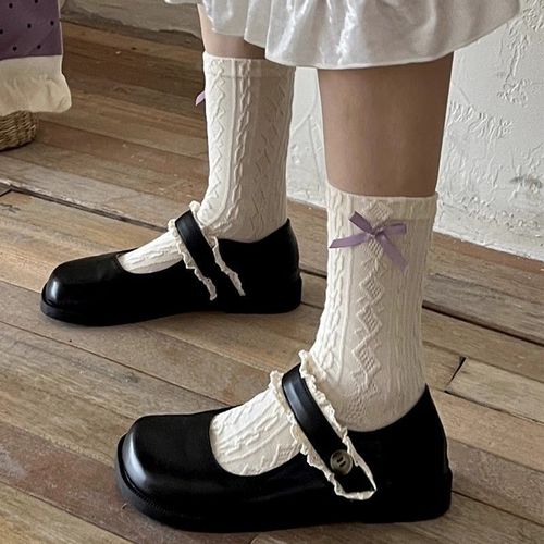 Purple floral patterned ankle socks for girls, autumn series cute white bow ankle socks, sweet retro lace socks