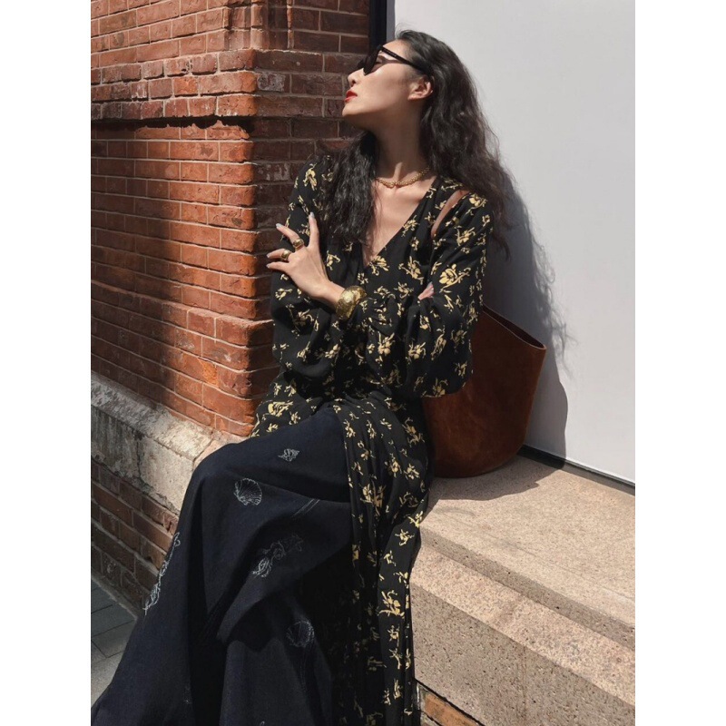 Longmei Printed V-Neck Long-Sleeved Dress 2025 Spring and Summer New Style Retro Elegant Lace-Up Waist Wrap Long Dress